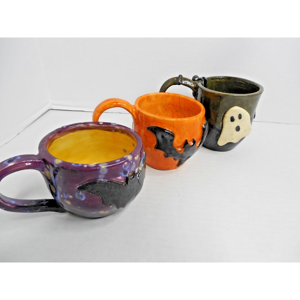 Studio Art Pottery Halloween Bats Ghost Coffee/Tea Mug Signed "PJC"  Lot of 3